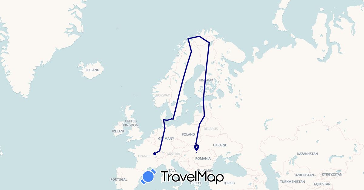 TravelMap itinerary: driving in Germany, Denmark, Estonia, Finland, France, Lithuania, Latvia, Norway, Poland, Romania, Sweden (Europe)